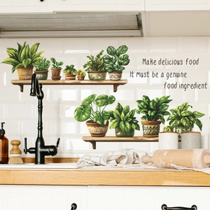 Green potted plants wall stickers on wooden shelves for kitchen and dining room decor