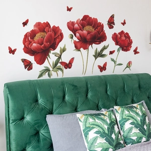 Peony and butterfly wall decal for living room with red flowers and green leaves