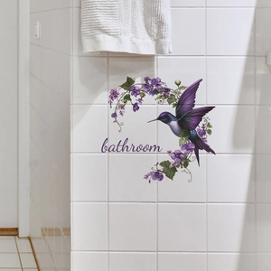 Purple hummingbird and flower vine wall decal with bathroom text for home decor