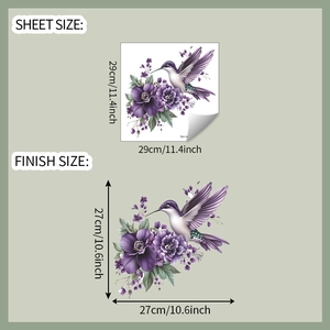 Detailed size specifications for purple hummingbird and floral wall stickers 29x29cm