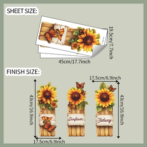 Detailed size guide for sunflower and butterfly wood board style PVC wall stickers