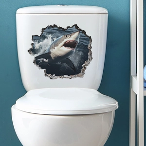Adesivo murale squalo 3D con effetto muro rotto per bagno su una parete blu scura