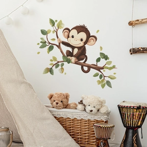 Cartoon monkey on a tree branch wall sticker for kids' room decor and nursery background