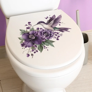 Floral purple toilet seat lid sticker with hummingbird and elegant flower petals