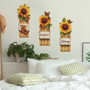 Sunflower Butterfly Wood Plank Pattern Wall Stickers Self Adhesive PVC Decorative Decal For Bedroom Living Room Home Decor