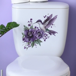Removable purple hummingbird and floral sticker for bathroom toilet tank decoration