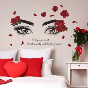 Romantic red rose and eyelashes wall sticker for bedroom with inspirational quote decoration