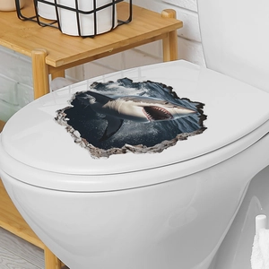 Adesivo 3D squalo per coperchio WC bagno con realistico effetto di rottura del muro