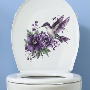 Purple Hummingbird Flower Toilet Sticker Waterproof PVC Wall Decal For Bathroom Decor Artistic Floral Bird Home Sticker