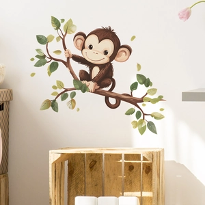 Cute cartoon monkey on tree branch wall decal for kids bedroom and nursery room decoration