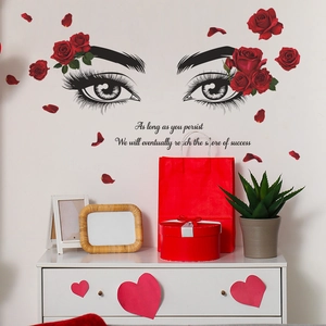 Elegant red rose and artistic eyes wall sticker with motivational English quote