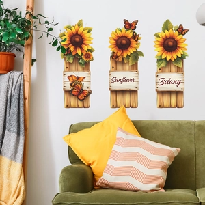 Three-piece sunflower and butterfly wall stickers on wood texture background for home decor