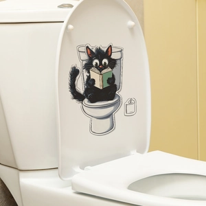 Funny black cartoon cat reading book toilet sticker for bathroom home wall decoration
