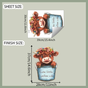 Détail des dimensions de la planche et du rendu final du sticker mural vache mignonne