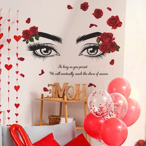 Romantic red rose and eyelashes wall sticker set for bedroom or beauty salon decor