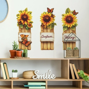 Sunflower and butterfly wall art stickers with wooden fence texture for home decor
