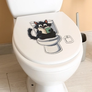 Cartoon black cat reading book on toilet lid PVC sticker for bathroom wall decoration