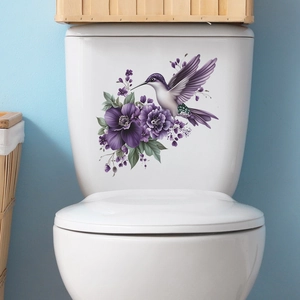 Elegant purple hummingbird and flowers decorative wall sticker for bathroom toilet tanks