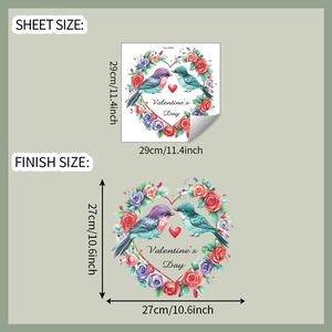 Detail showing dimensions of Valentine heart floral wall sticker with birds and roses