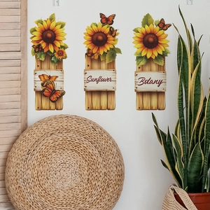 Three-piece sunflower and butterfly wall stickers with wooden board texture for home decor