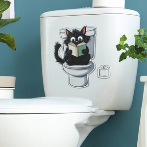 Funny black cat reading on toilet PVC wall sticker for bathroom decoration