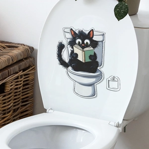 Cartoon black cat reading book toilet seat sticker, creative waterproof bathroom decal