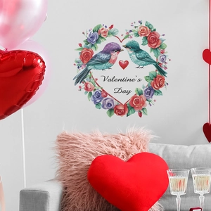 Valentine's Day wall sticker with birds and heart wreath in romantic living room scene