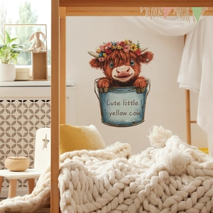 Sticker mural vache des Highlands avec fleurs pour décoration de chambre d'enfant
