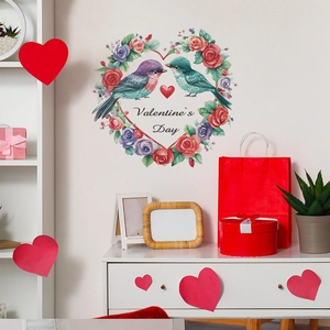 Valentine's Day wall sticker with heart flower wreath and colorful birds for home decor