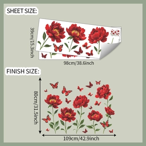 Sheet and finish size specifications for red peony and butterfly wall stickers