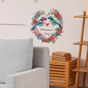 Valentine's Day wall sticker with floral heart wreath and lovebirds for home decor