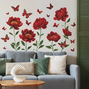 Red Peony Flower Butterfly Wall Stickers PVC Self Adhesive Decorative Mural For Living Room Bedroom Entrance Decoration