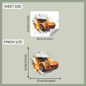 Detail of 3D orange sports car wall sticker showing layout and finished application size