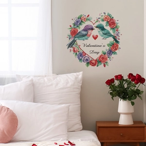 Valentine's Day wall sticker with heart flower wreath and birds in a cozy bedroom setting