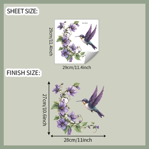Detail of morning glory and hummingbird wall sticker with precise sheet dimensions