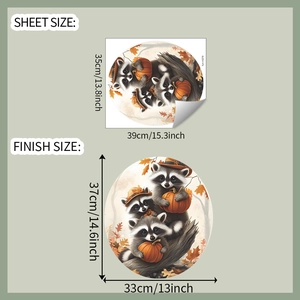 Detailed size specifications for cute raccoon pumpkin and maple leaf wall stickers