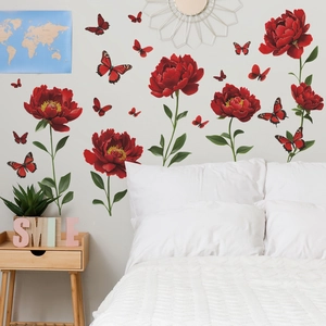 Red peony floral and butterfly wall stickers set for bedroom home decor over white bed