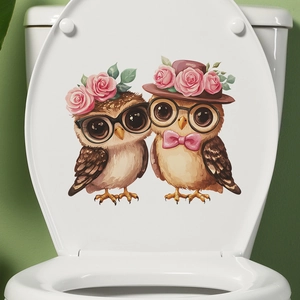 Couple Owls Toilet Seat Sticker PVC Waterproof Wall Decal For Valentine's Day Bathroom Decoration Cartoon Animal Mural Art