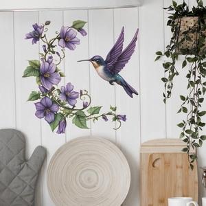 Hummingbird And Purple Morning Glory Floral Wall Stickers Waterproof PVC Removable Art Decal For Bathroom Toilet Glass Decoration