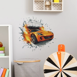 3D wall sticker featuring an orange sports car breaking through a brick wall with flames