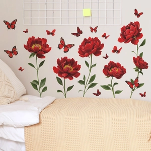 Red peony flower and butterfly self-adhesive wall stickers for living room decor