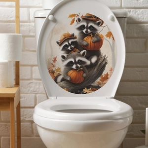 Cute raccoon pumpkin and maple leaf toilet lid decal for autumn bathroom decoration