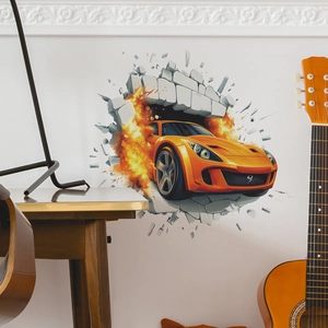 3D wall sticker featuring an orange sports car breaking through a white brick wall with flames
