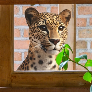 Sticker de fenêtre tête de léopard 3D réaliste pour vitre de maison et décor de mur brique