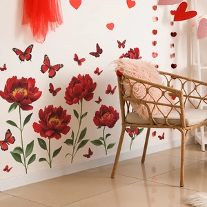 Self-adhesive wall sticker featuring red peony flowers and butterflies for home wall decor
