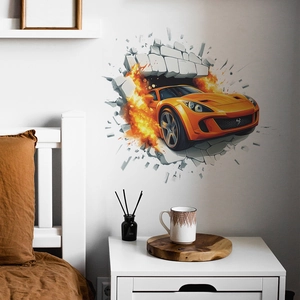 3D Broken Wall Racing Car Wall Sticker Orange Sports Car Fire Effect PVC Decal For Boys Bedroom Kids Room Decor
