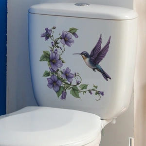 Waterproof PVC wall sticker featuring hummingbird and purple morning glory for bathroom decor
