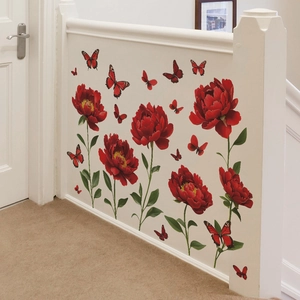 Self-adhesive red peony flower wall stickers with butterflies for home decoration