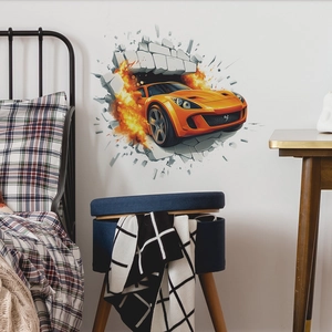 3D orange sports car wall sticker with fire effect breaking through white brick wall decor