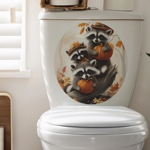 Detailed watercolor pumpkin raccoon toilet lid decal showing autumn maple leaf theme